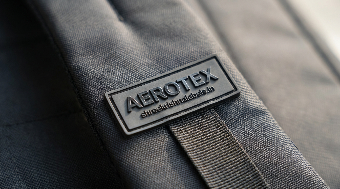 TPU rubber label on a backpack strap — Shree Krishna Labels, Vasai Mumbai