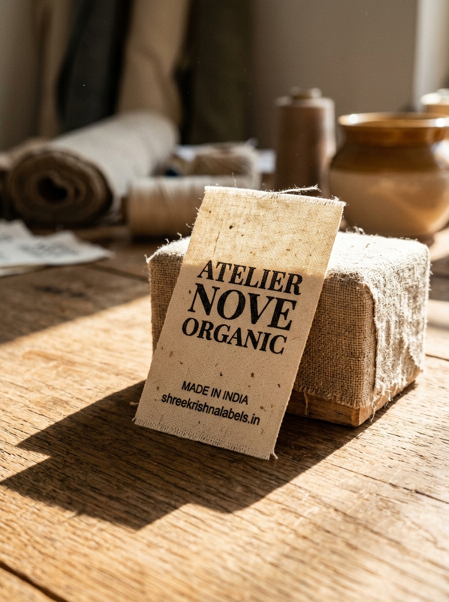 Woven label on a wooden surface — Shree Krishna Labels, Vasai Mumbai