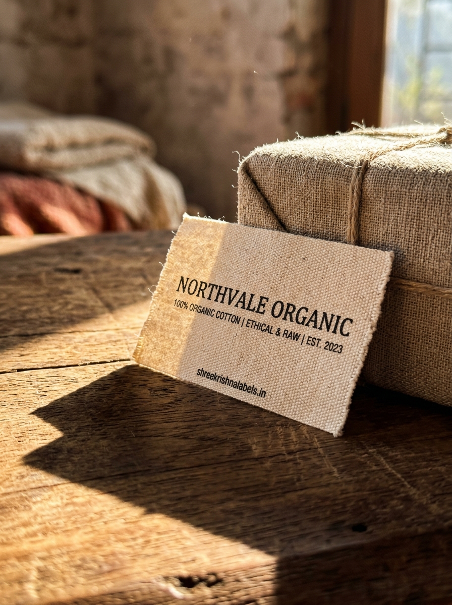Custom woven garment label on a wooden surface — Shree Krishna Labels, Vasai Mumbai