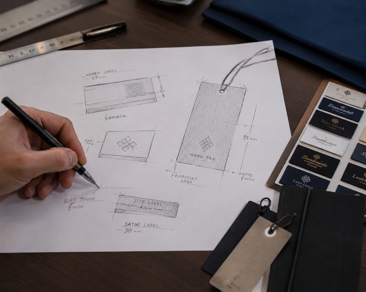 Designer hand-sketching woven label, hang tag and size label layouts with dimensions — Shree Krishna Labels design studio, Vasai Mumbai