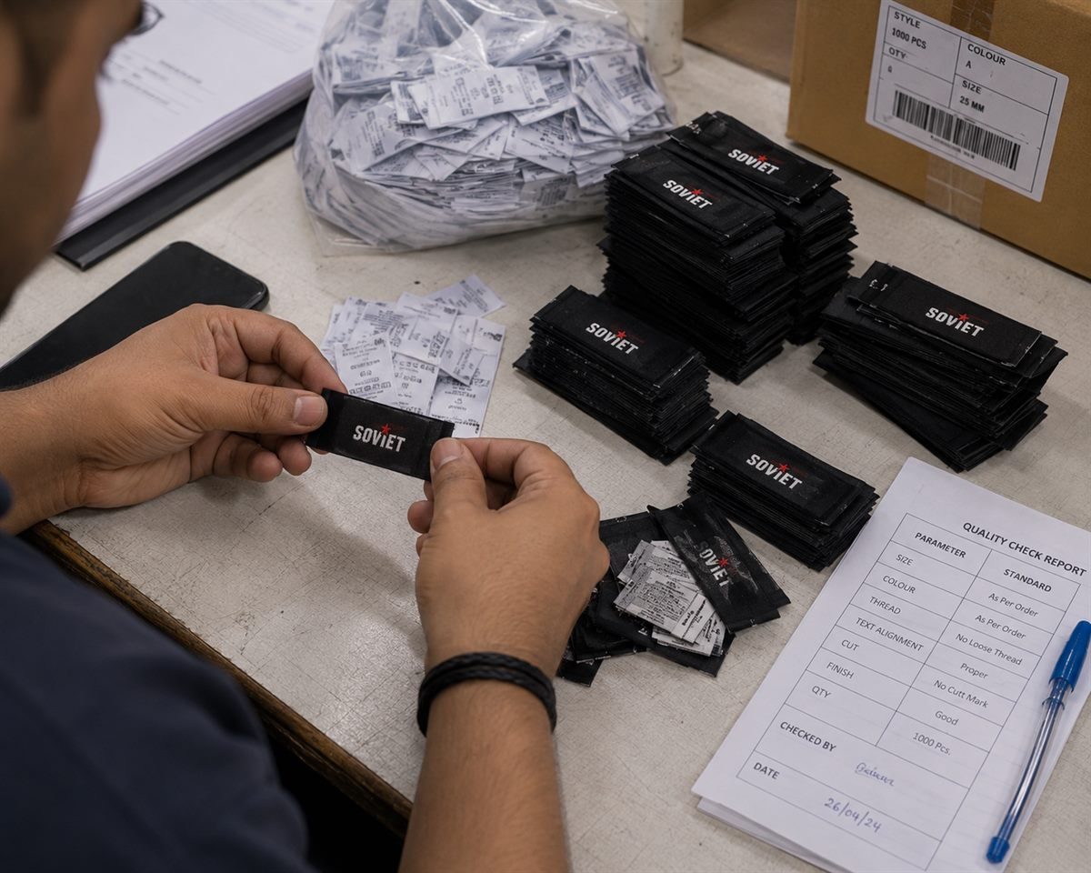 Operator inspecting woven brand labels against a printed quality check report for size, colour, thread and finish — Shree Krishna Labels QC