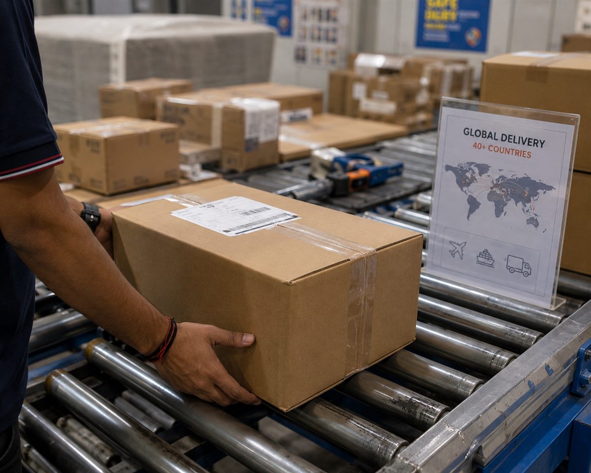 Packed and labelled carton moving along the dispatch conveyor for delivery — Shree Krishna Labels packing and dispatch