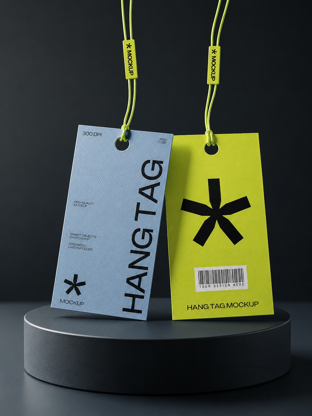 Colorful hang tags with neon cord on studio podium
