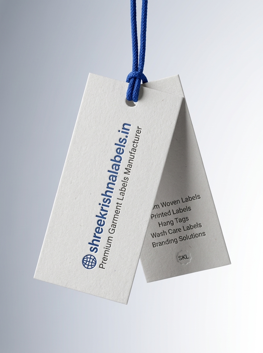 White swing hang tag with blue cord on premium garment