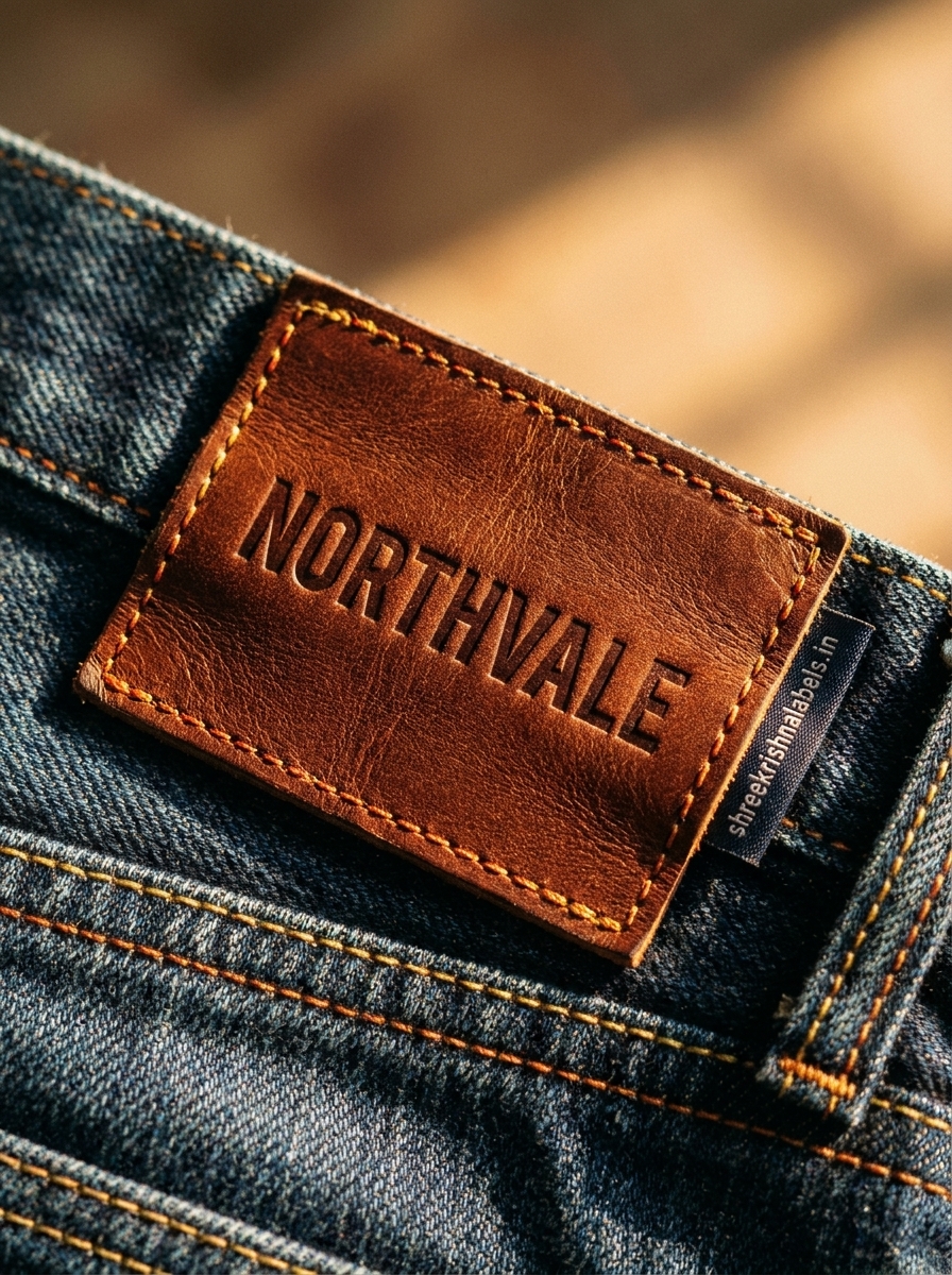 NORTHVALE leather patch on raw denim jeans