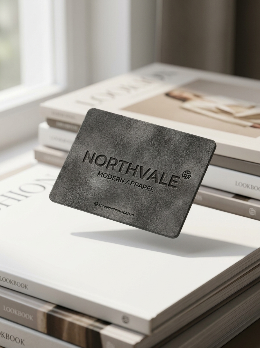 Grey debossed suede leather patch on fashion lookbooks