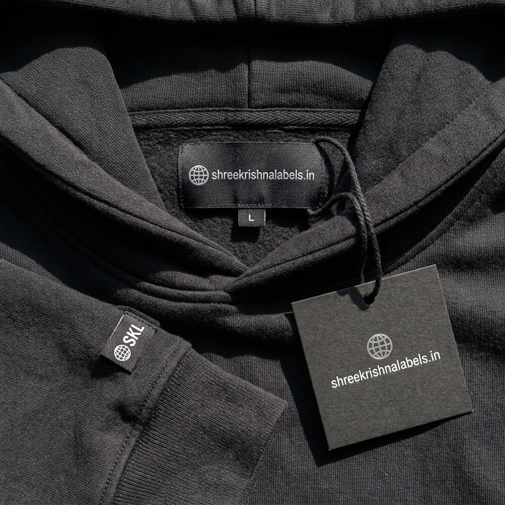 Black branded hang tag on charcoal hoodie