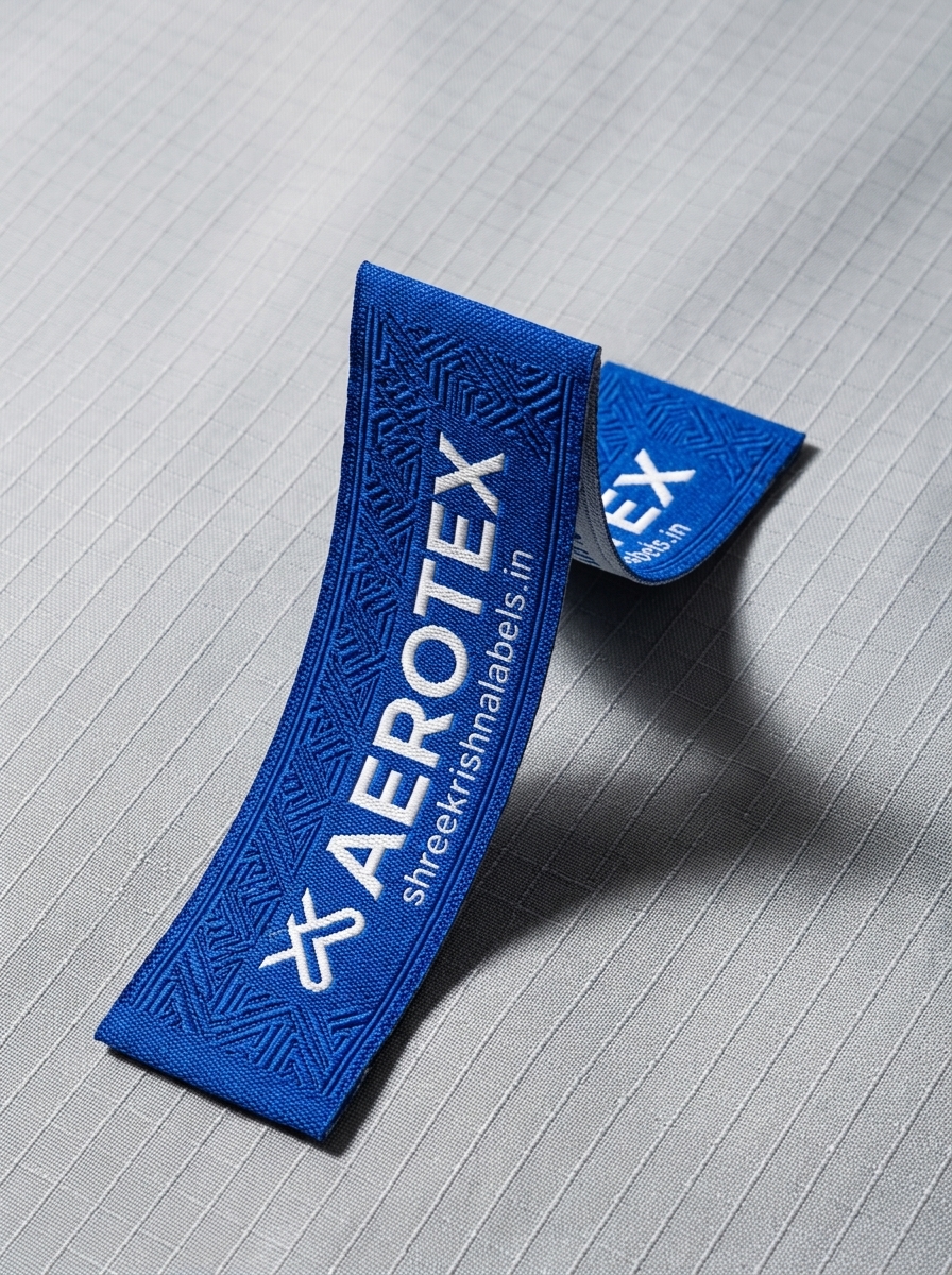 Blue satin folded labels with brand print