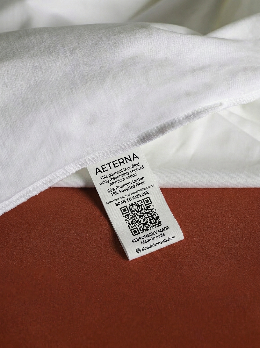 Printed wash care label with symbols inside seam