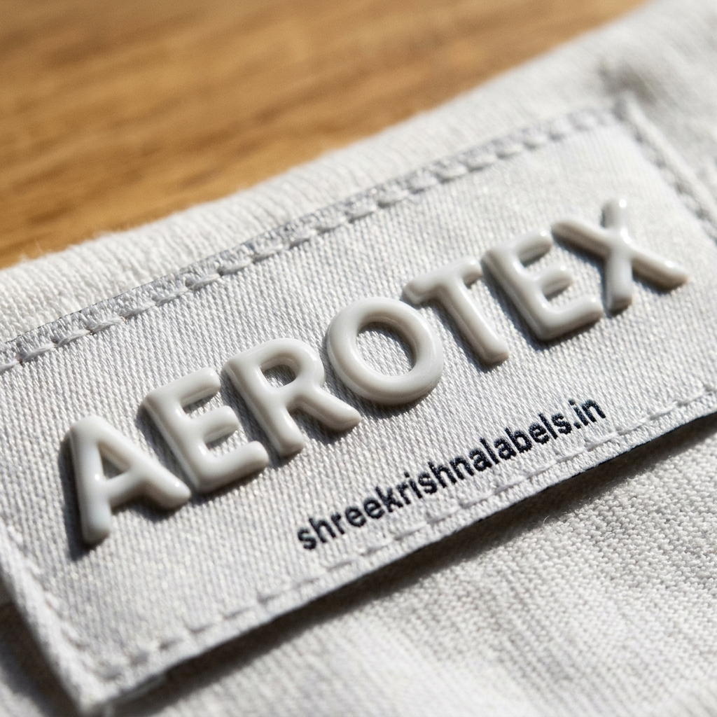 AEROTEX woven label on denim by window