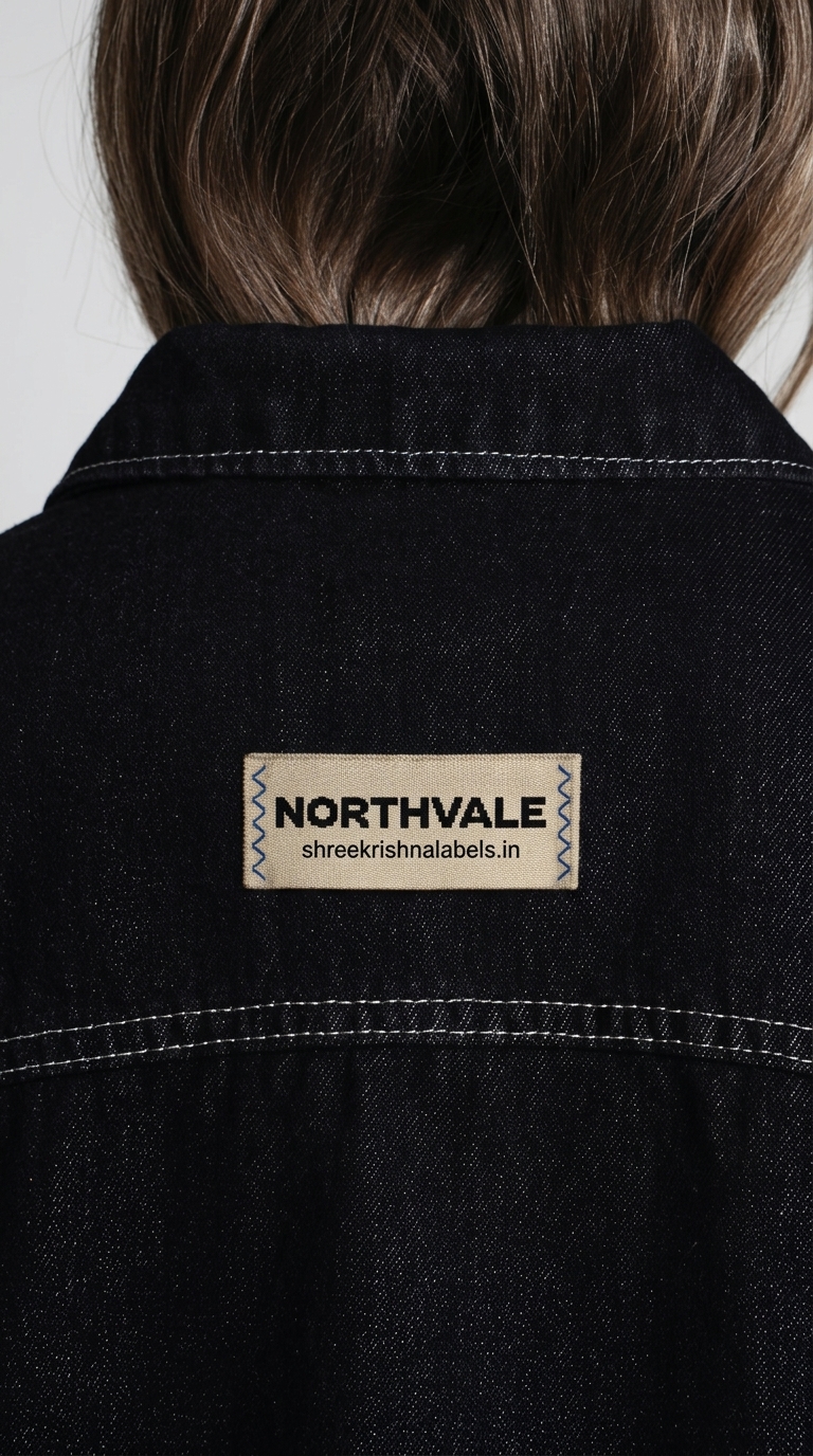 Woven brand patch sewn on denim jacket