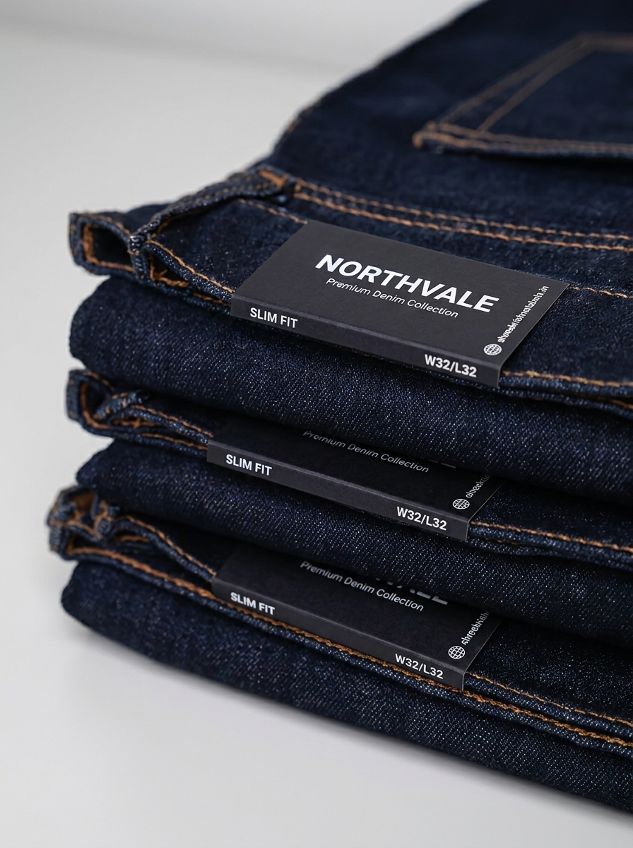 Folded denim stack with woven size labels